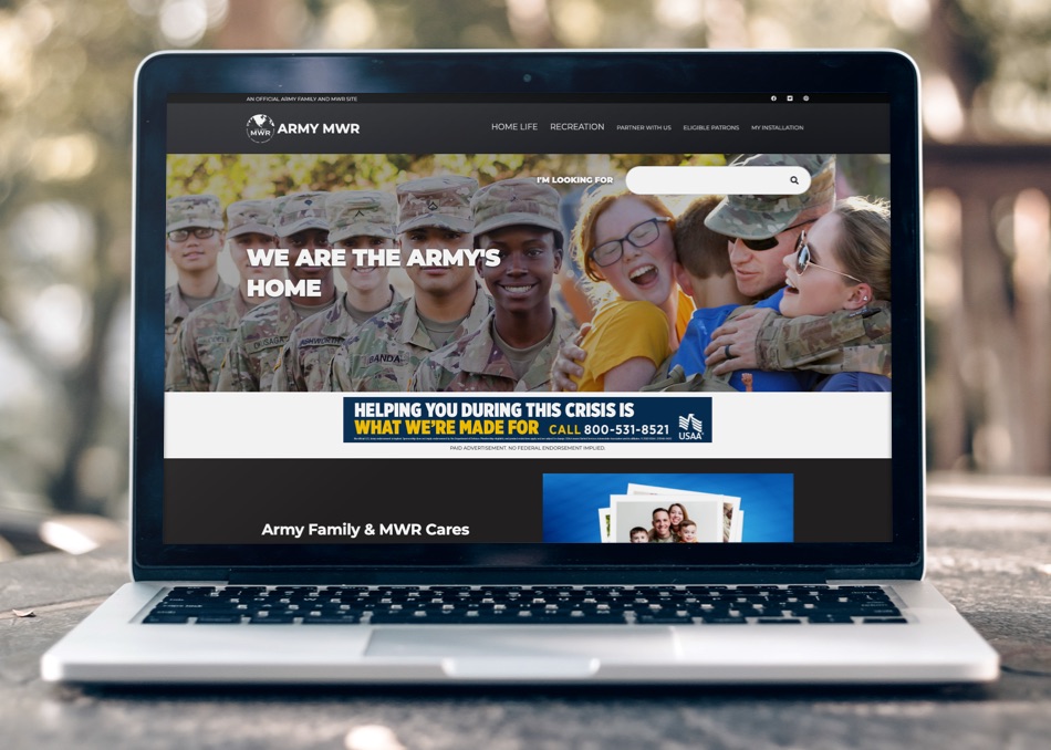 The ArmyMWR.com homepage features a large banner with a slideshow of images promoting various MWR (Morale, Welfare, and Recreation) programs and services. The ArmyMWR.com homepage features a large banner with a slideshow of images promoting various MWR (Morale, Welfare, and Recreation) programs and services
