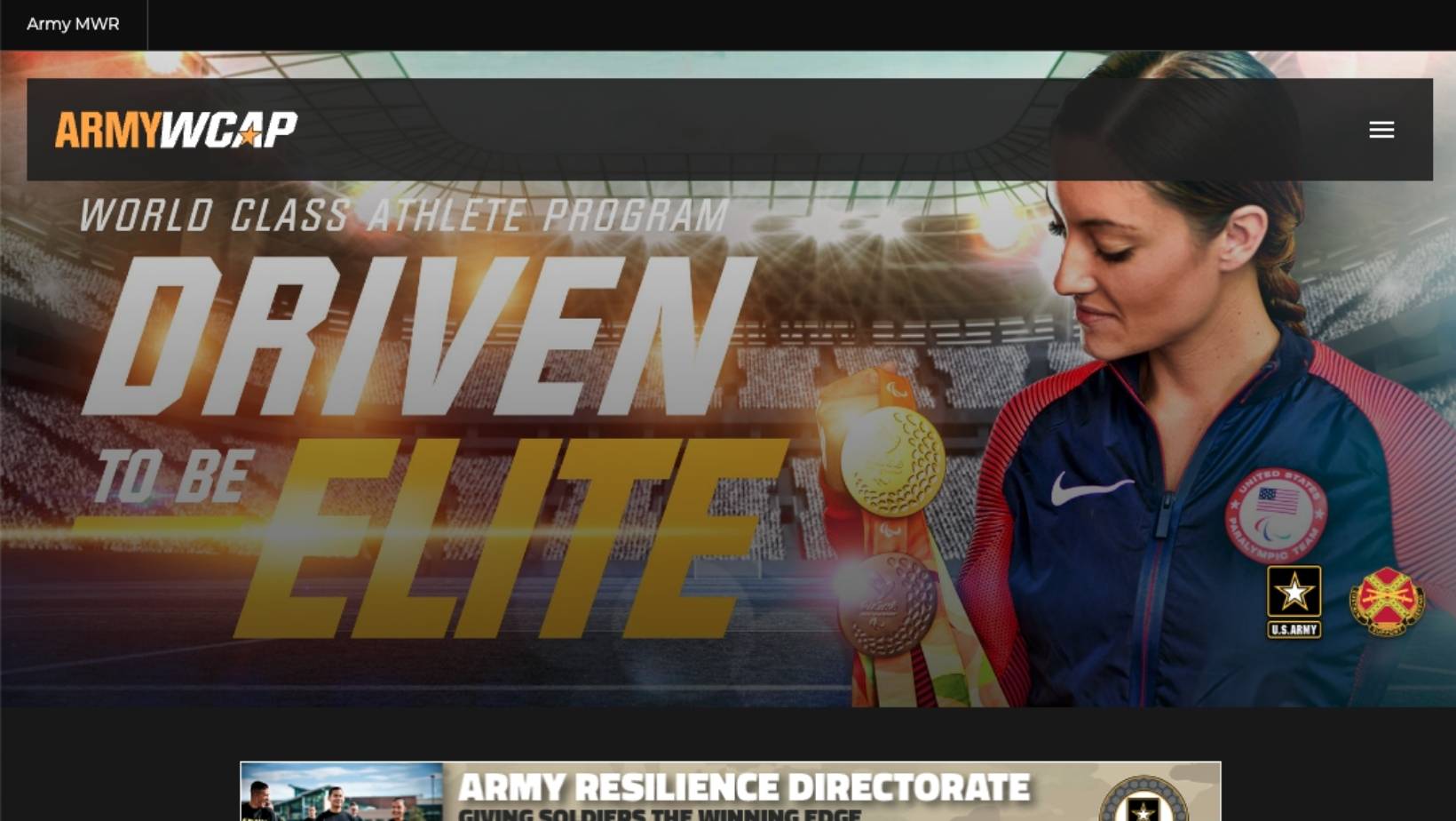 US ARMY WCAP Homepage Screenshot of US Army WCAP homepage with a header image of soldiers in action and navigation links to news, sports, about the program and more.