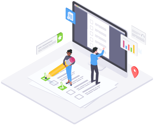 People standing on a checklist illustration. People standing on a checklist illustration.